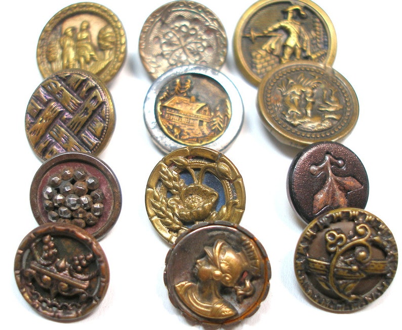 12 Antique BUTTONS. 1800s Victorian & vintage mixed lot of metal picture buttons. 19th century image 1