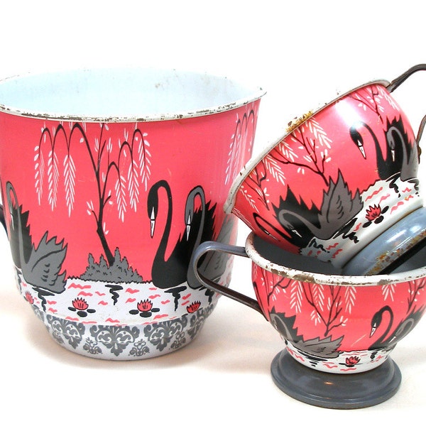 50s Tin Toy pitchers, Swan & Pagoda graphics on cream, sugar and tea pot.