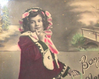 1900s French postcard. Edwardian Girl with flowers. RPPC real photo postcard, Vintage glamour fashion  carte postale