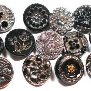 13 Victorian black glass buttons. Antique 19th century glass with silver luster. Set K image 1