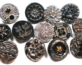 13 Victorian black glass buttons. Antique 19th century glass with silver luster. Set K