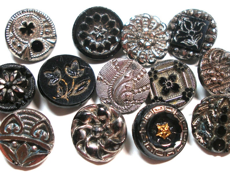 13 Victorian black glass buttons. Antique 19th century glass with silver luster. Set K image 1