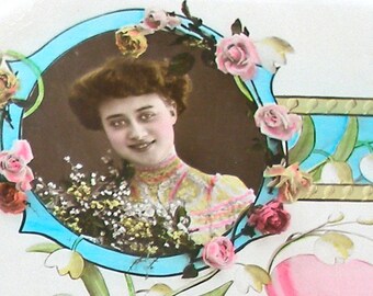 1900s French postcard, Edwardian Lady in flowered frame, RPPC real photo postcard, paper ephemera. Carte Postale. Vintage glamour fashion