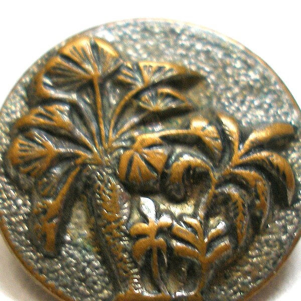 1800s Antique button. Victorian brass with leafy plant design. 9/16".
