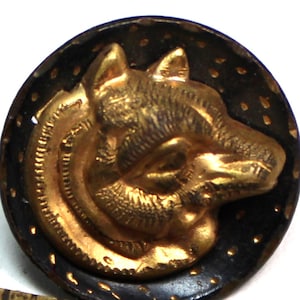May include: A round, black button with a gold-colored wolf head design. The wolf head is raised and detailed, with a textured appearance. The button's edge has small, evenly spaced dots.