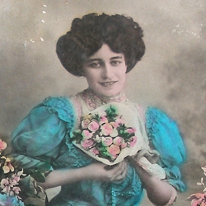 1900s French Postcard, Edwardian lady with flowers. Antique RPPC real photo postcard, paper ephemera. Carte Postale. Vintage glamour fashion