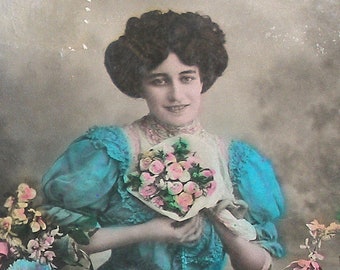 1900s French Postcard, Edwardian lady with flowers. Antique RPPC real photo postcard, paper ephemera. Carte Postale. Vintage glamour fashion