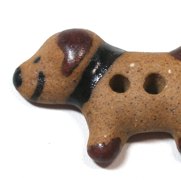 Happy DOG Button. Handmade ceramic smiling brown animal, 1 1/8". Hound, beagle, canine.