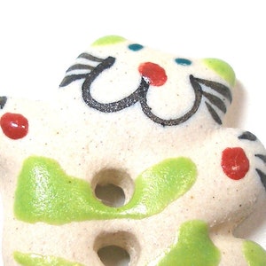 Joyful KITTY Button, Handmade ceramic cat with green stripes, 3/4&quot;. on sale