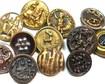 12 Antique BUTTONS. 1800s Victorian metal picture buttons. mixed lot