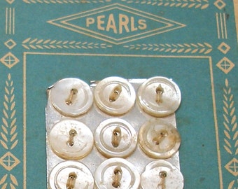 1930s small Pearl BUTTONS. 12 Mother-of-pearl. Unused on original card, 7/16".