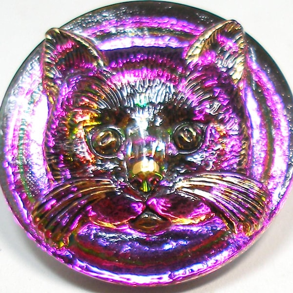 3D CAT face, Czech glass BUTTON. Kitty in fuchsia & purple. 1" , 27mm.