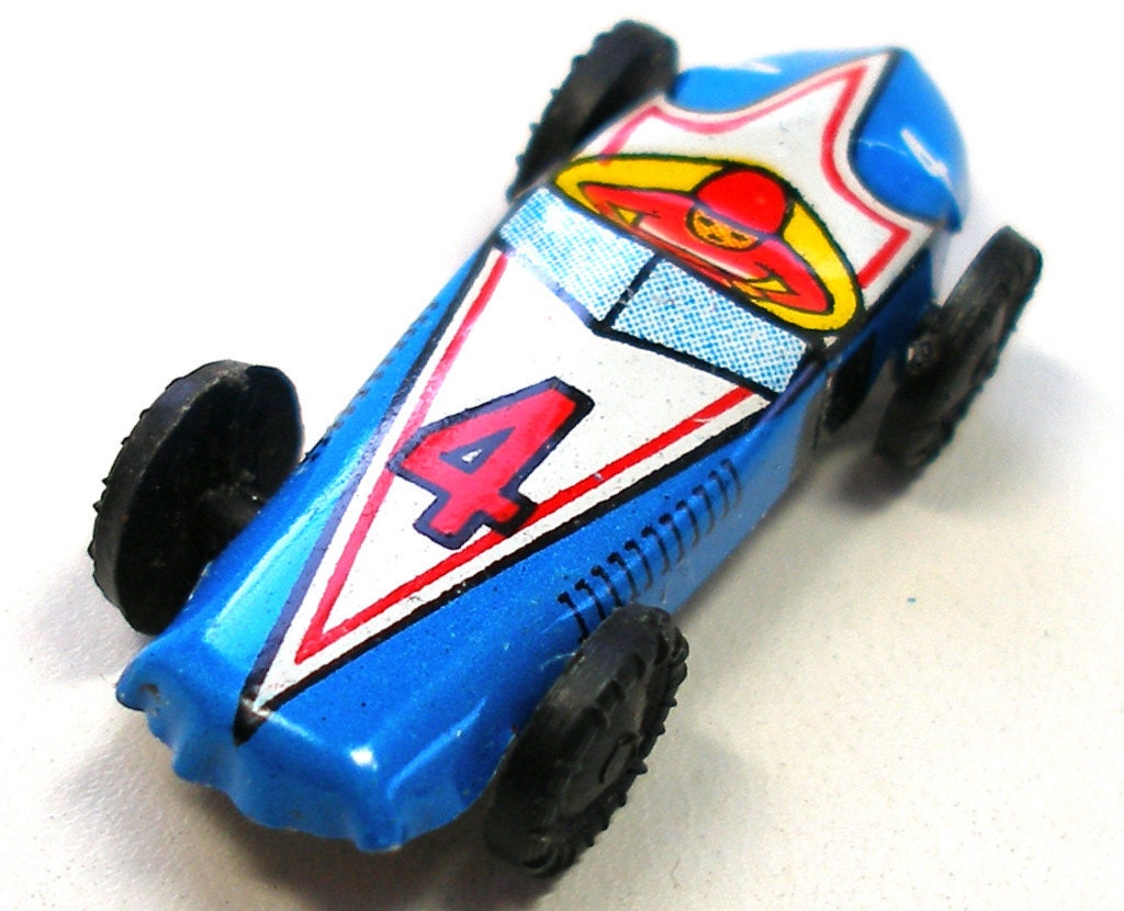 60s Mini Tin Toy Race Car in Blue, #4 From Japan. Vintage Fun