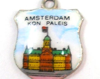 Vintage Amsterdam kon paleis enamel & silver travel shield charm. 800. Netherlands