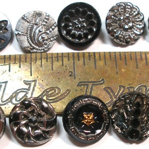 13 Victorian black glass buttons. Antique 19th century glass with silver luster. Set K image 2