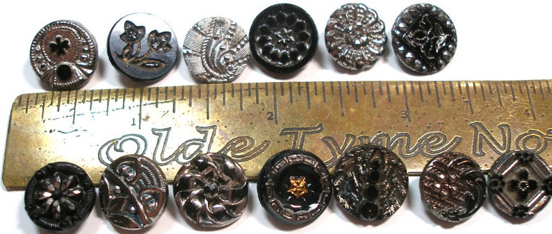 13 Victorian black glass buttons. Antique 19th century glass with silver luster. Set K image 2