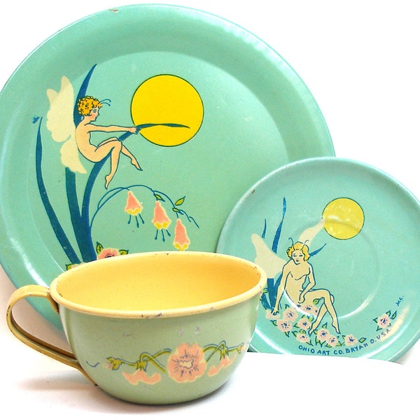 1930s FARIES tin toy tea setting with Tinkerbell graphics. Art Nouveau flowers.