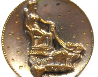 Goddess Antique Mythology BUTTON. Victorian storybook button,  3/4". Hera & chariot with birds.