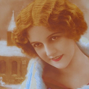 1920s postcard. Lady with flowers. RPPC real photo, paper ephemera. Carte Postale. Vintage glamour fashion