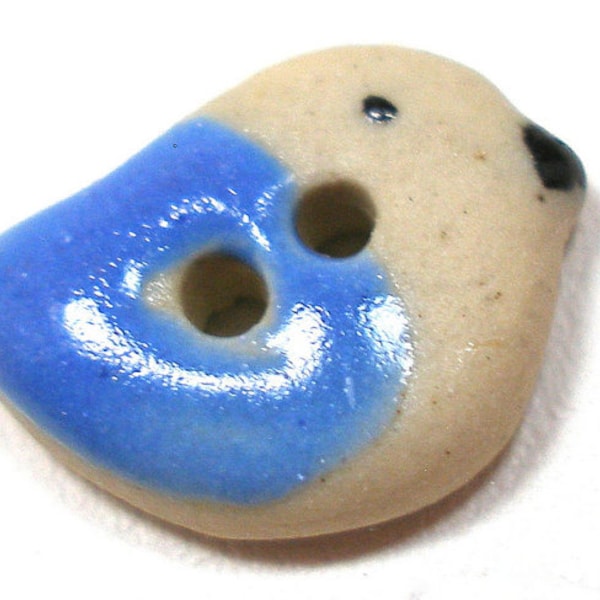 Tiny Ceramic BIRD Button, Handmade songbird in blue, 1/2".  Special accent button.