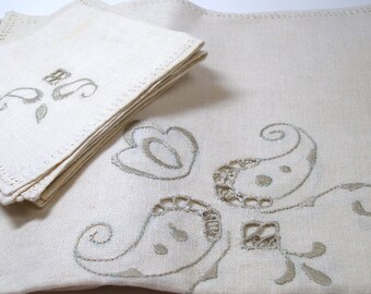 Antique linen tablecloth & napkins with embroidery and cut-outs. 32 1/2"