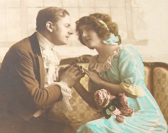 1900s antique French postcard. Romantic couple, Vintage Glamour, fashion. Paper ephemera. RPPC