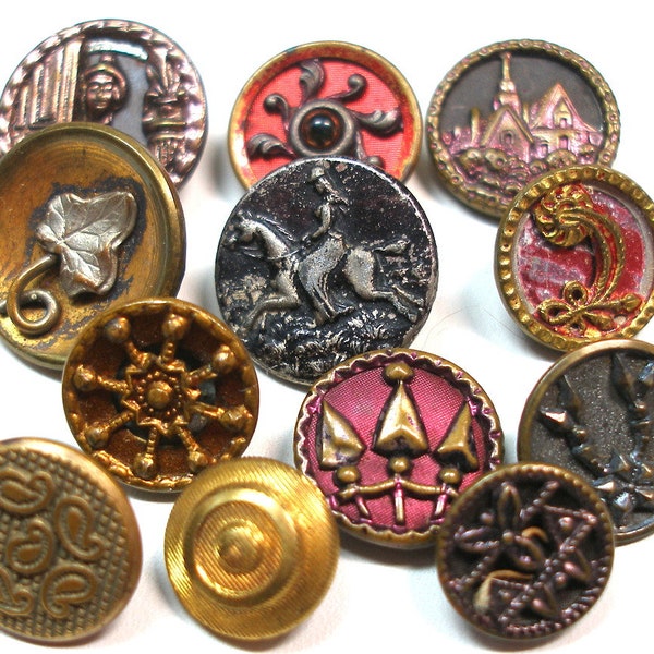 12 Antique BUTTONS. 1800s Victorian & vintage metal picture buttons. 19th century