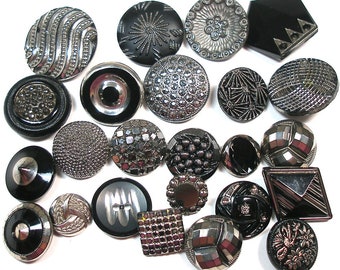 24 Art Deco black glass buttons. Early 20th century glass with silver luster. Set Y.