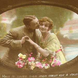 1920s French postcard, romantic couple. RPPC. Real photo postcard, paper ephemera. Carte Postale. Vintage collectible.