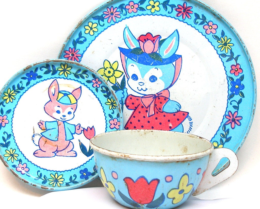 Spring Bunnies Tin Toy Tea Setting 3 piece set. Etsy