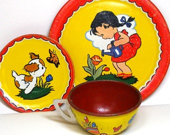 50's Tin Toy Tea Setting. Cup & plates with Little Gardener and puppy. Ohio Art Co.