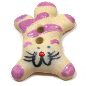 SALE Smiling CAT Button, Handmade ceramic kitty with lilac stripes, 1.25&quot;