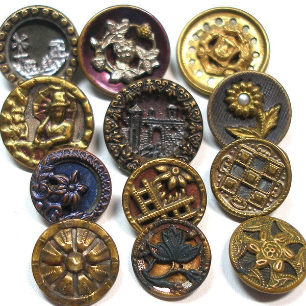 Antique vintage & Victorian metal buttons. Mixed lot of 12. 19th century