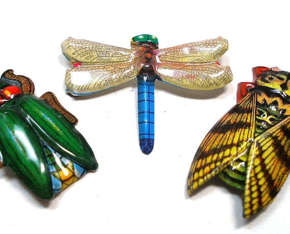 60s Tin Toy BUG brooches. 3 metal insect toy costume jewelry. Made in Japan. dragonfly, beetle, cicada.