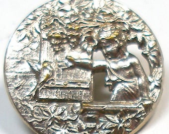 Spilla antica con cherubino del 1800. Cherubino alla finestra con uccello. Spilla con immagine del XIX secolo, 3/4".