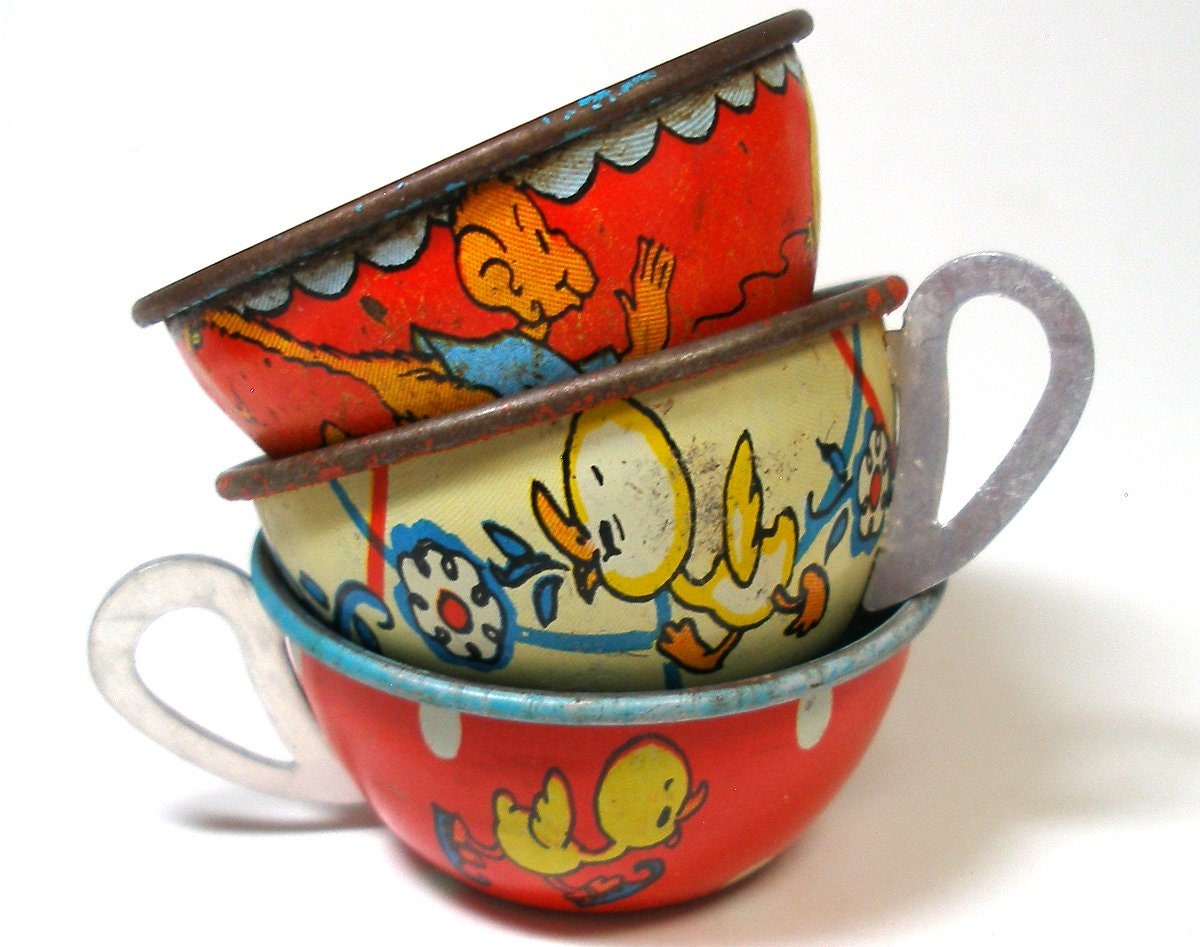 1940s Tin Toy Tea Cups & Saucers. Set of 6 with monkey horse Etsy