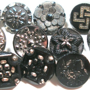13 Victorian black glass buttons. Antique 19th century glass with silver luster. Set J image 1