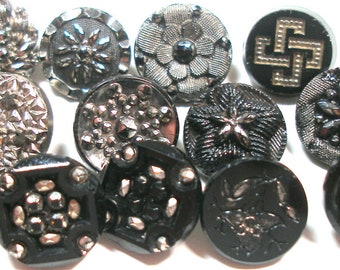 13 Victorian black glass buttons. Antique 19th century glass with silver luster. Set J