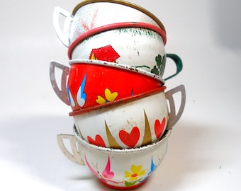 50s Tin Toy Tea cups, Heart & butterfly graphics on 5 metal cups. Instant collection.