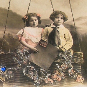 1910s antique French postcard. Kids in hot air balloon. Real photo, RPPC paper ephemera. Carte Postale. Vintage