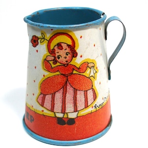 Vintage tekanna i plåt från Ohio Art Co. Litograferad med Little Bo Peep.