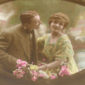 1920s French postcard, romantic couple. RPPC. Real photo postcard, paper ephemera. Carte Postale. Vintage collectible.