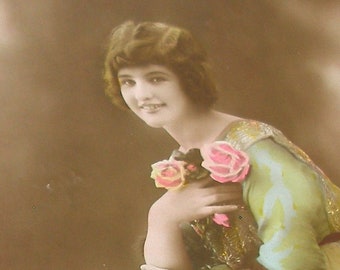 1910s Antique postcard. Lady with flowers. RPPC real photo postcard. paper ephemera. Carte Postale. Vintage glamour fashion