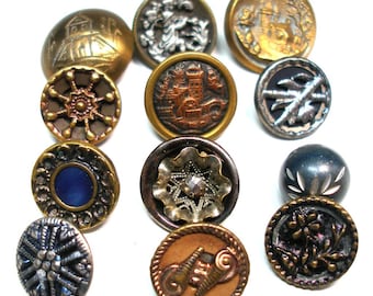 Antique BUTTONS, 12 Victorian & vintage mixed lot of metal picture buttons. 19th century.