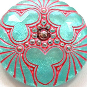 Teal Clouds Czech glass button, Seafoam & pink 31mm. image 1