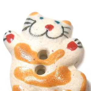 SALE Joyful KITTY Button, Handmade ceramic cat with orange stripes, 3/4&quot;.