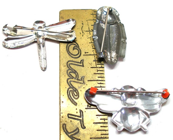 60s Tin Toy BUG brooches, 3 metal Japanese insect costume jewelry. View 3