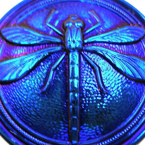 XL Czech glass BUTTON, Cobalt Blue with DRAGONFLY, 1 3/16", 31mm.