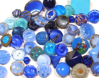 50+ Vintage Blue Glass Buttons, assorted. Set A.