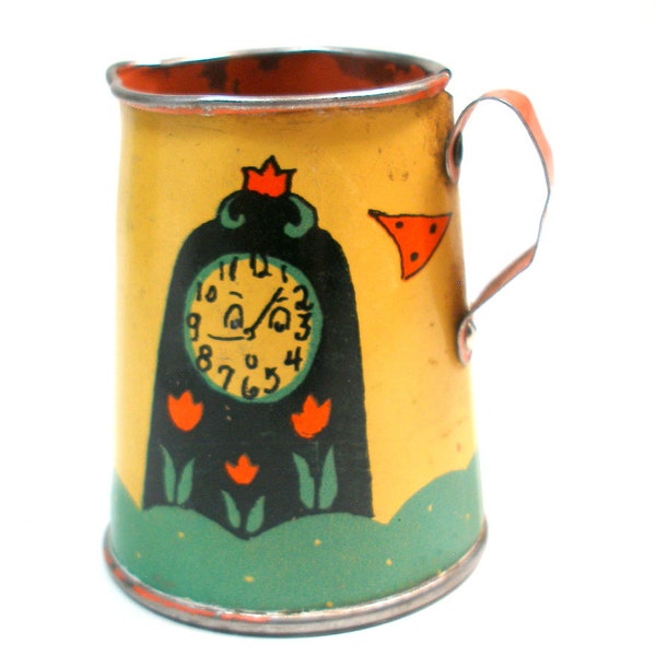 1930s Tin toy tea pot. Clock and plate. Ohio Art Co. Fern Bisel Peat. From the Gingham dog & Calico Cat.